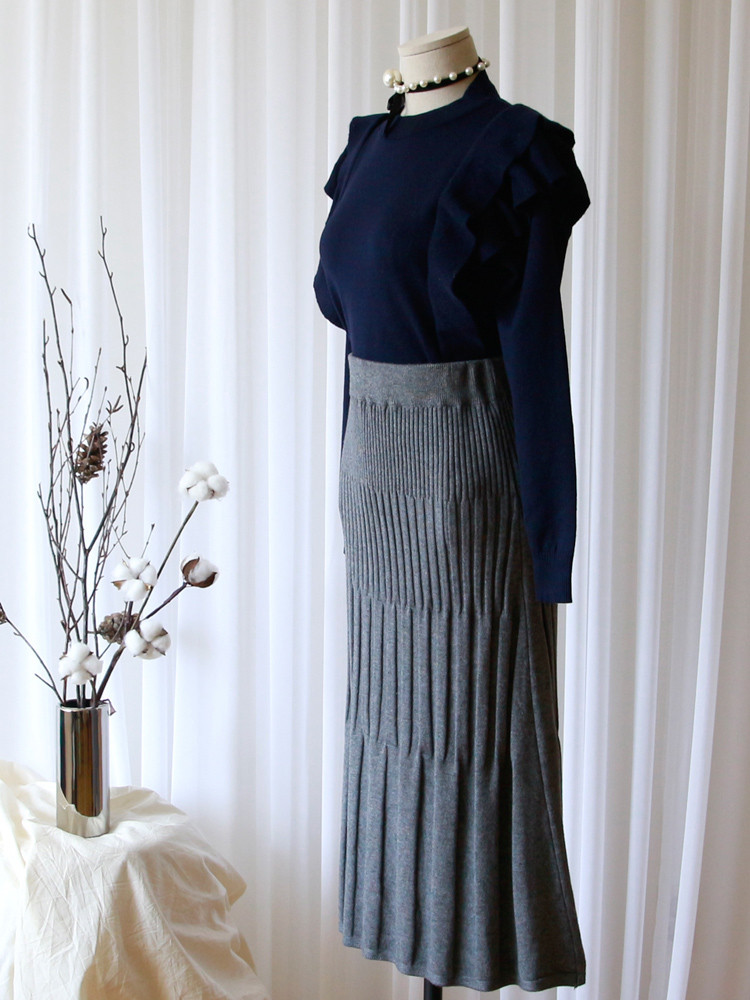 Mermaid Flare Pleated Banding Long Winter Skirt