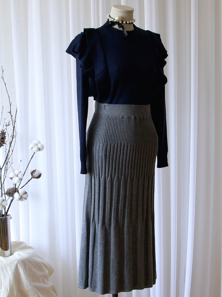 Mermaid Flare Pleated Banding Long Winter Skirt