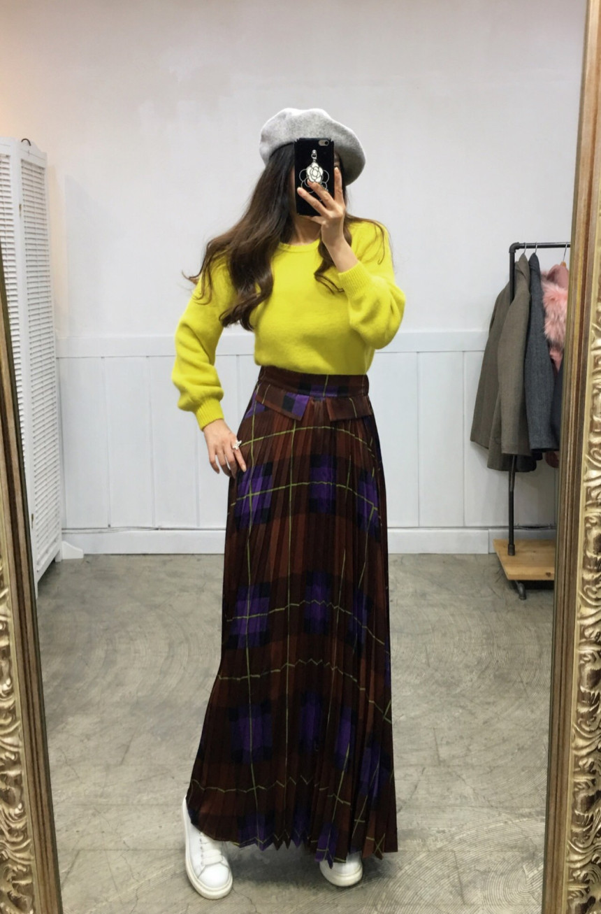 Milano Check Pleated Long Skirt 2COLOR Women's 