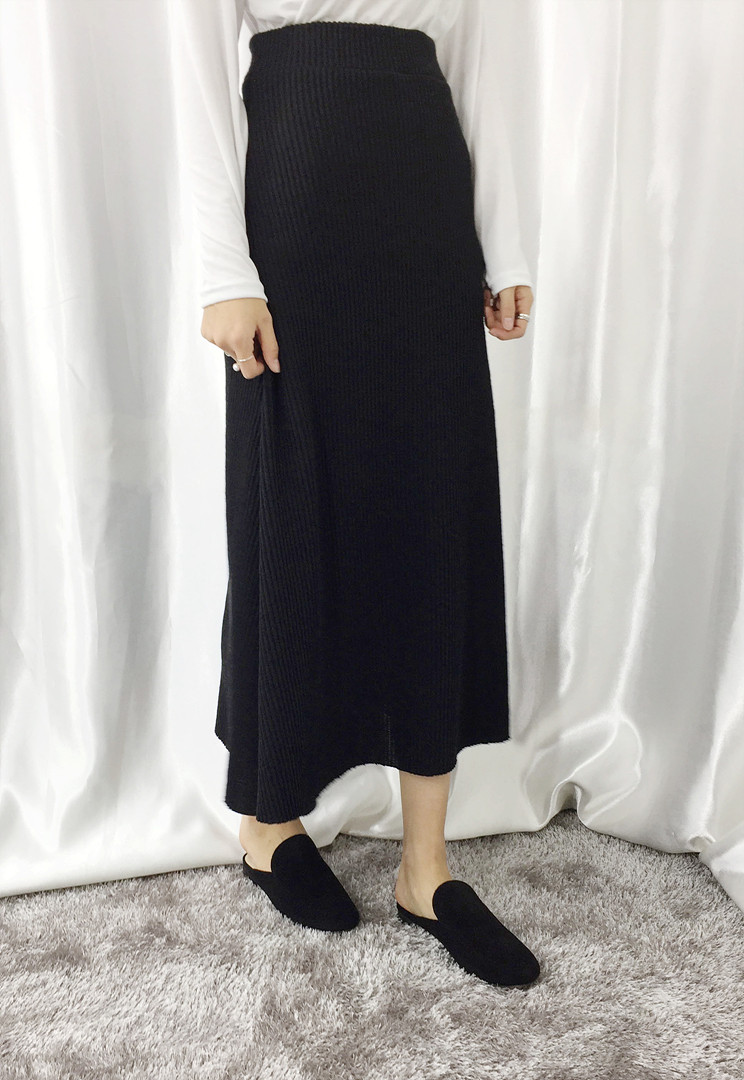 Knit Flare Long Skirt Winter Black Banding Autumn 