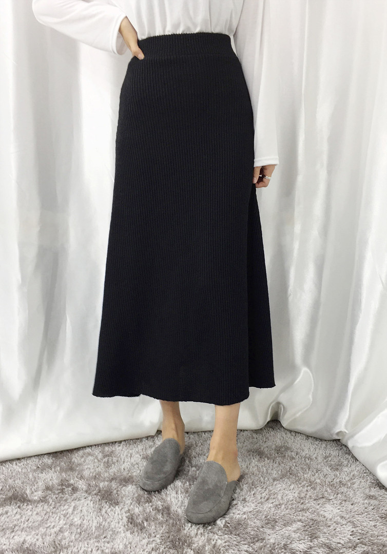 Knit Flare Long Skirt Winter Black Banding Autumn 