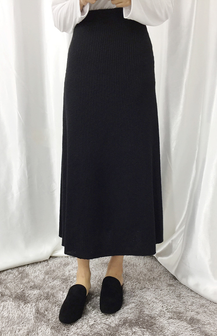 Knit Flare Long Skirt Winter Black Banding Autumn 