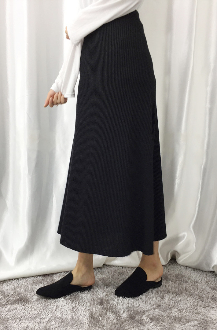 Knit Flare Long Skirt Winter Black Banding Autumn 