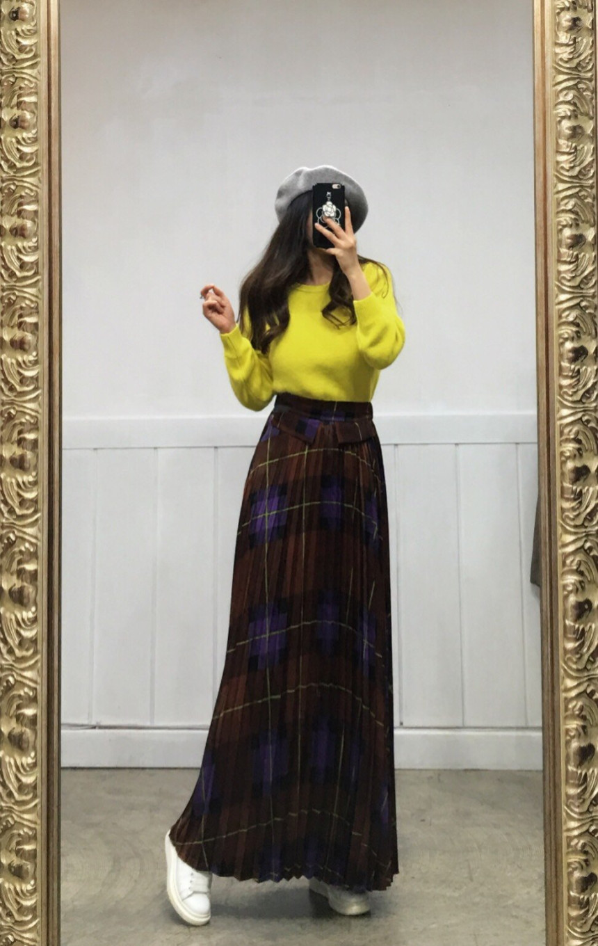 Milano Check Pleated Long Skirt 2COLOR Women's 