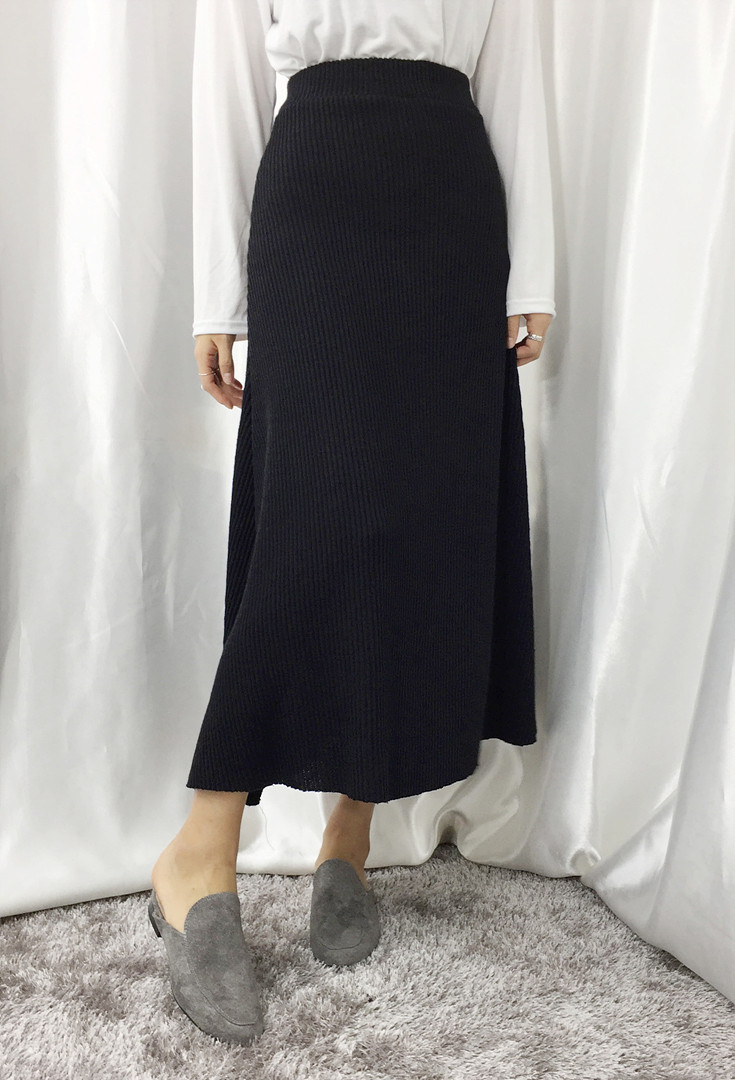 Knit Flare Long Skirt Winter Black Banding Autumn 