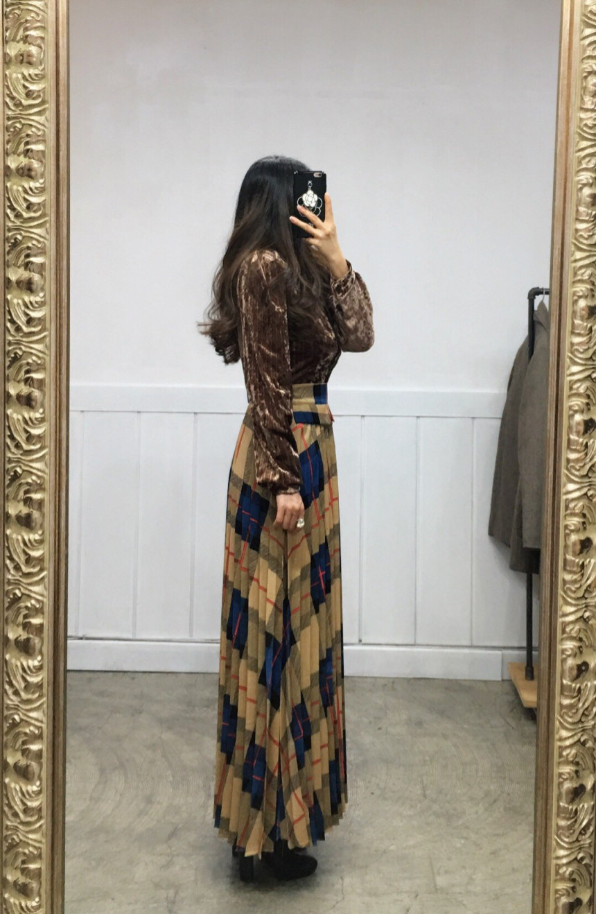 Milano Check Pleated Long Skirt 2COLOR Women's 