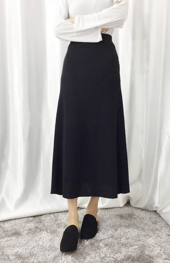 Knit Flare Long Skirt Winter Black Banding Autumn 