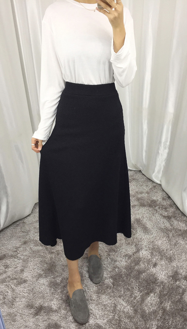 Knit Flare Long Skirt Winter Black Banding Autumn 