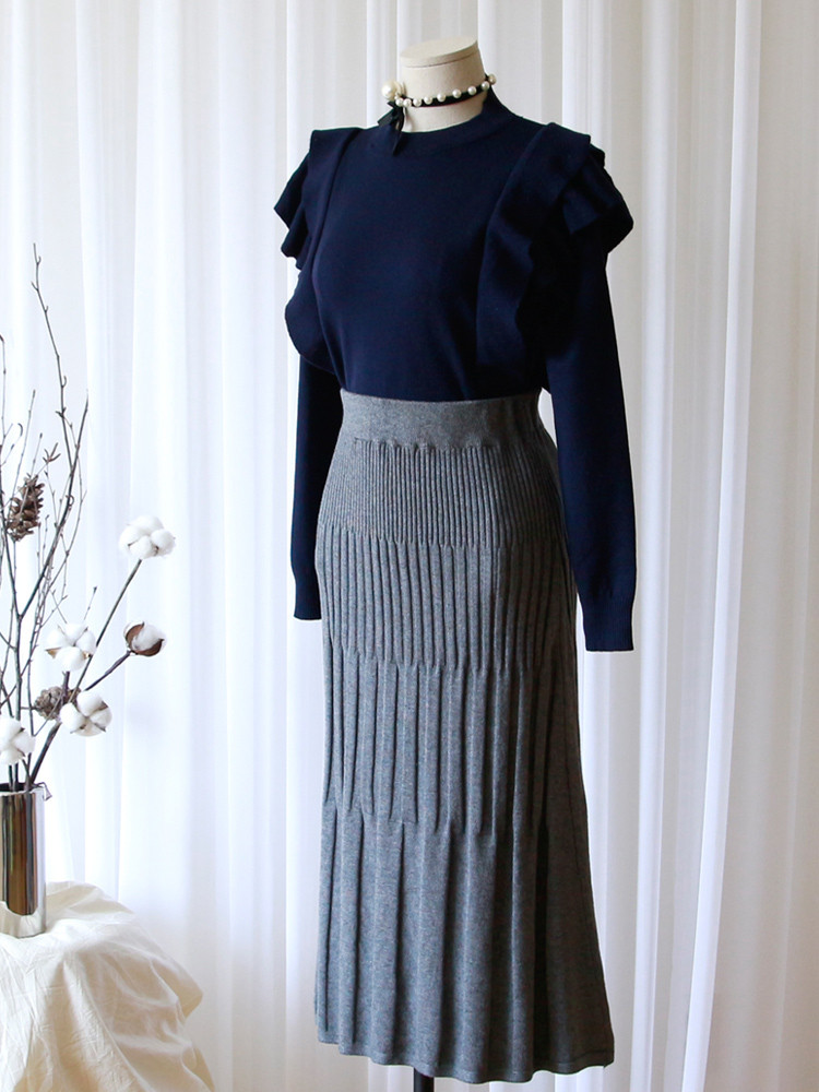 Mermaid Flare Pleated Banding Long Winter Skirt