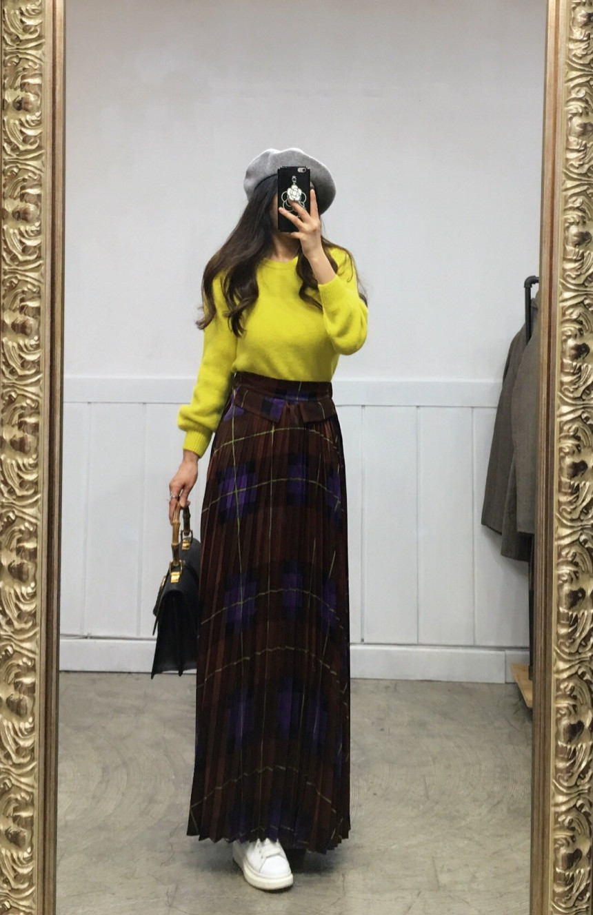 Milano Check Pleated Long Skirt 2COLOR Women's 