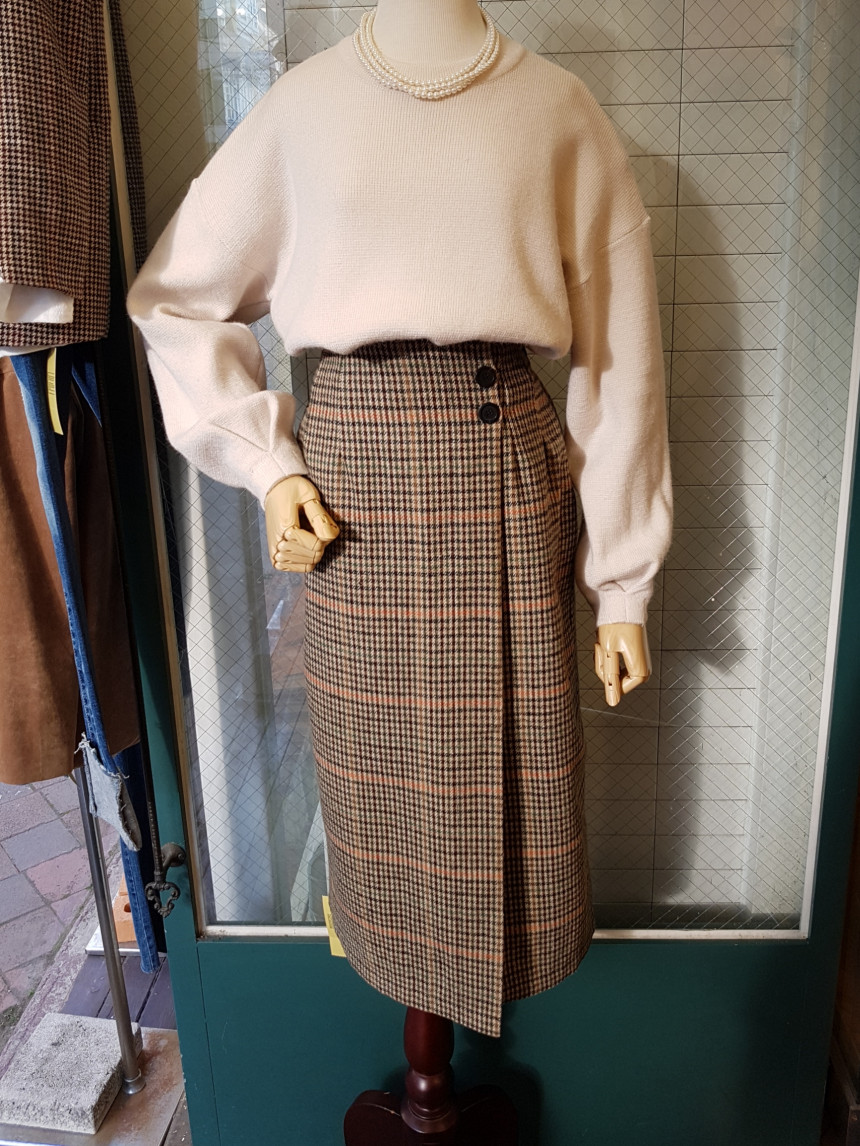 Latte Woolen Check Long Skirt High Waist Winter Co