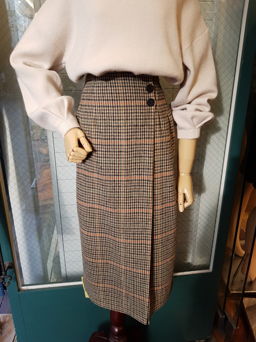 Latte Woolen Check Long Skirt High Waist Winter Co