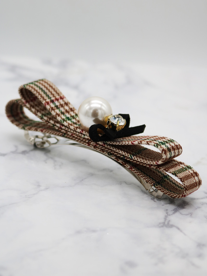 Hair Accessories Pearl Check Ribbon Auto Hair Clip