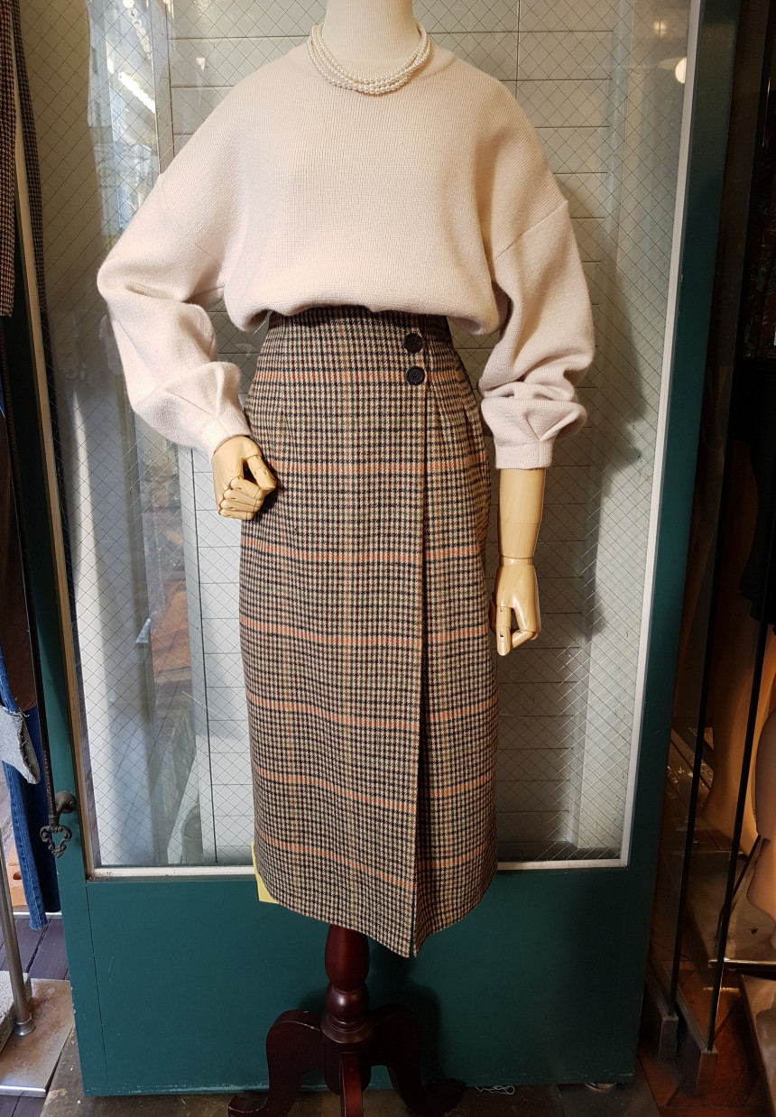 Latte Woolen Check Long Skirt High Waist Winter Co