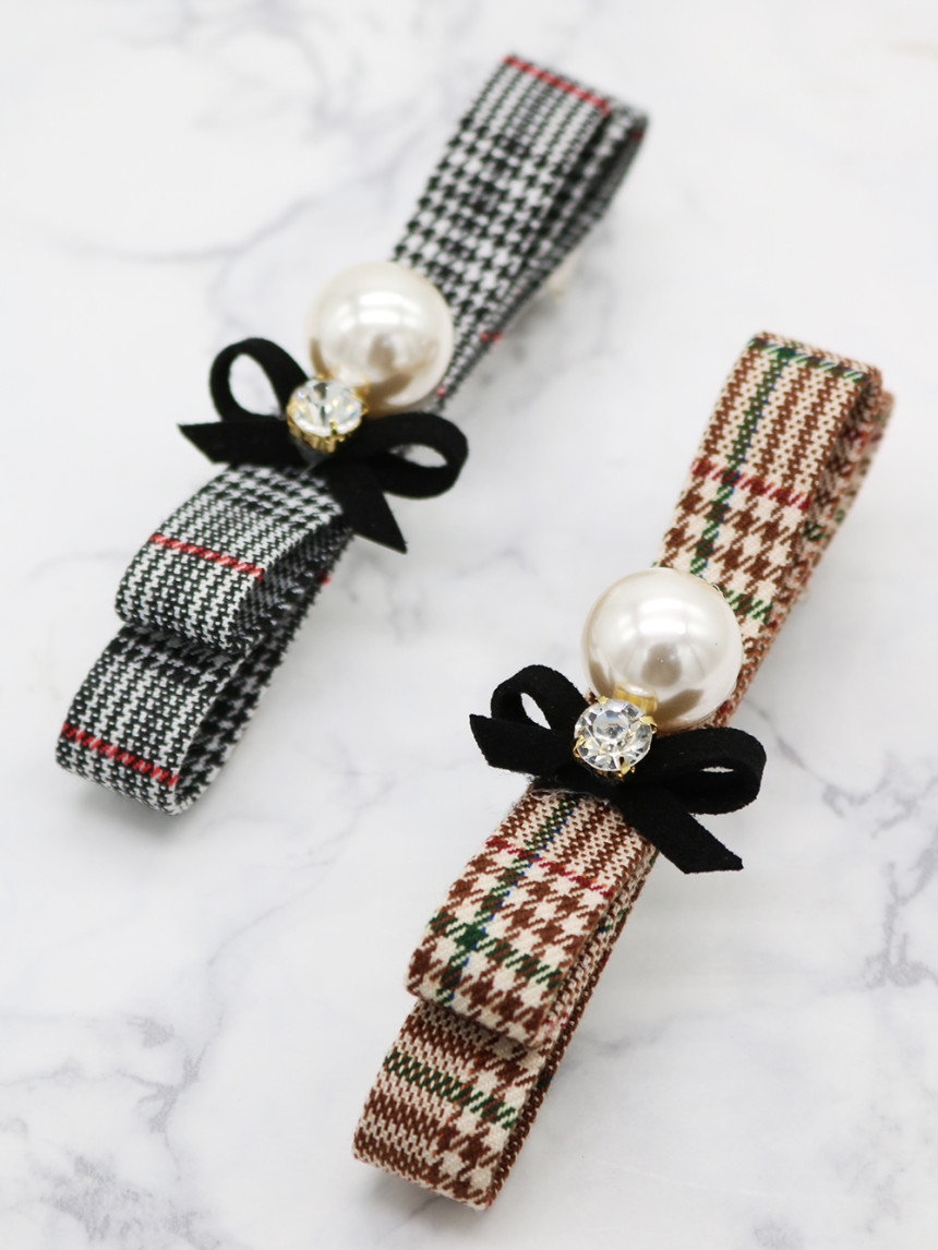 Hair Accessories Pearl Check Ribbon Auto Hair Clip