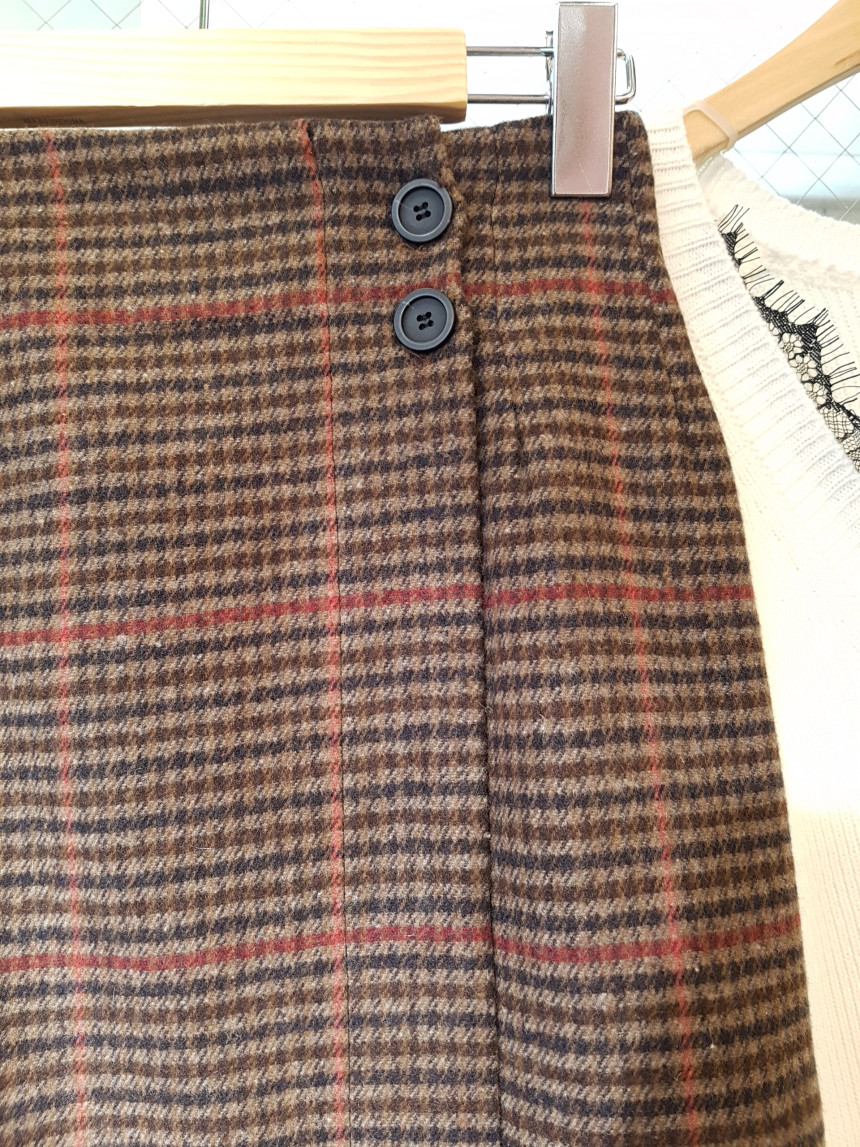 Latte Woolen Check Long Skirt High Waist Winter Co