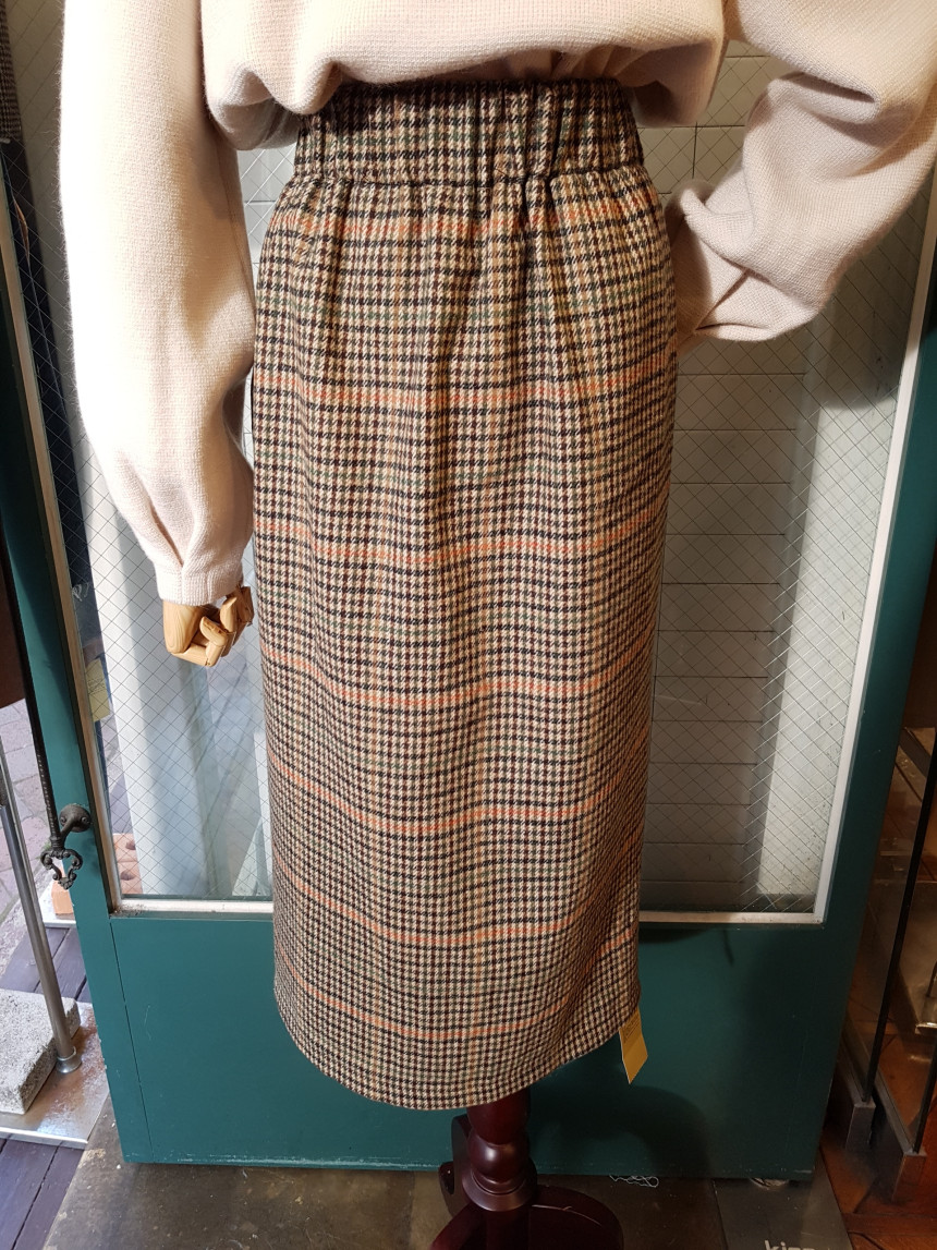 Latte Woolen Check Long Skirt High Waist Winter Co
