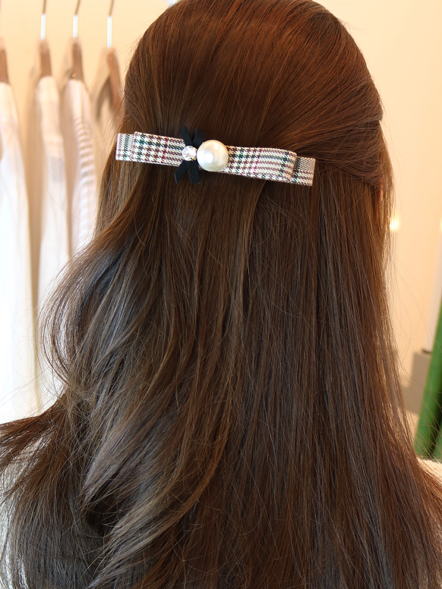 Hair Accessories Pearl Check Ribbon Auto Hair Clip
