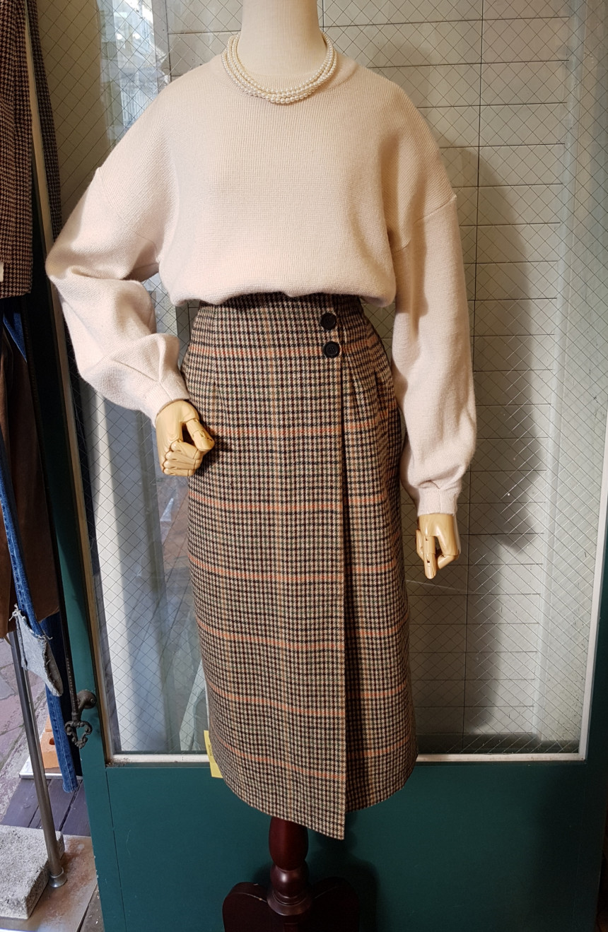 Latte Woolen Check Long Skirt High Waist Winter Co