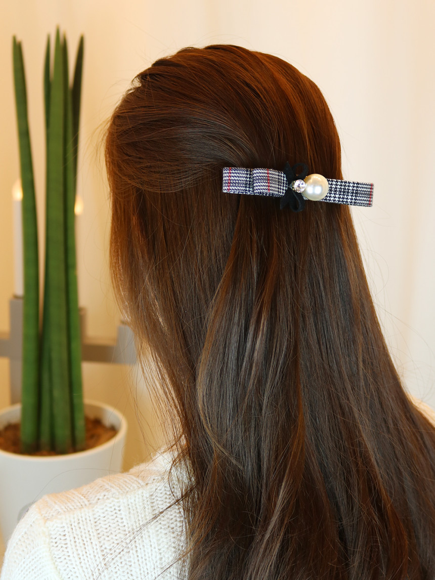 Hair Accessories Pearl Check Ribbon Auto Hair Clip