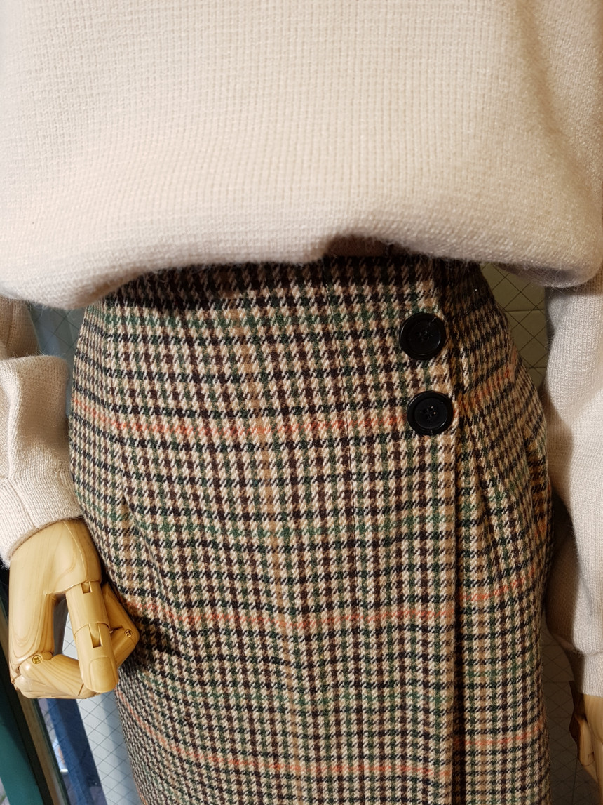 Latte Woolen Check Long Skirt High Waist Winter Co