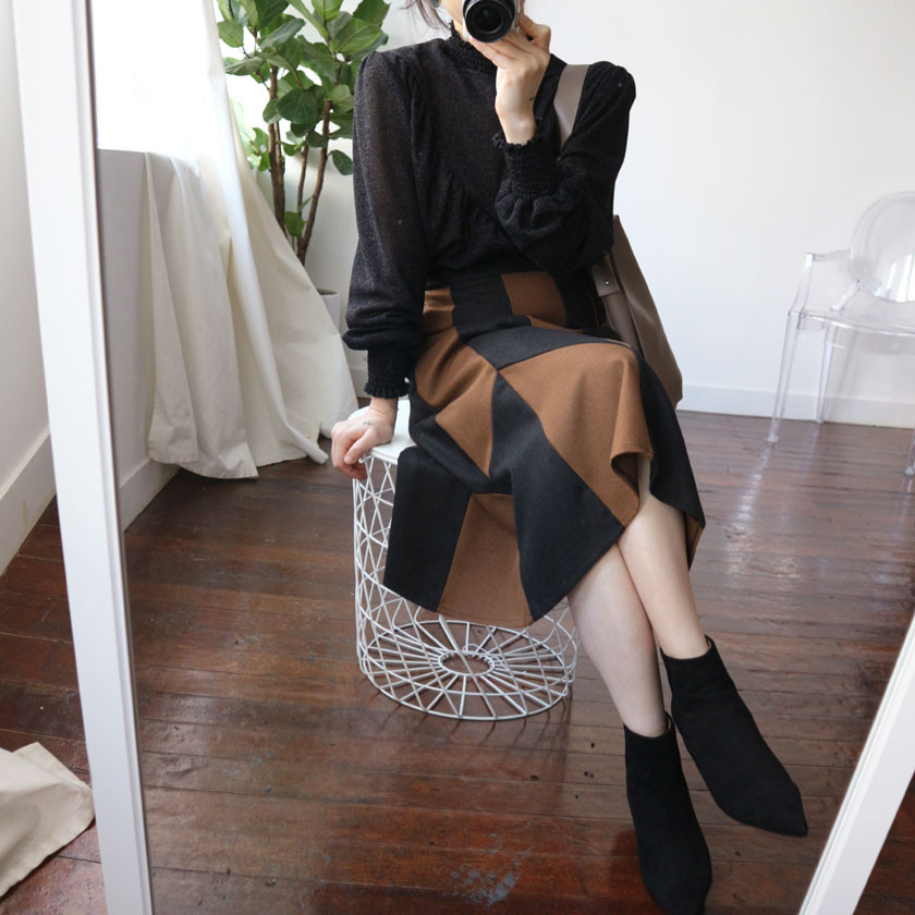 monaco woolen patch long skirt 2col