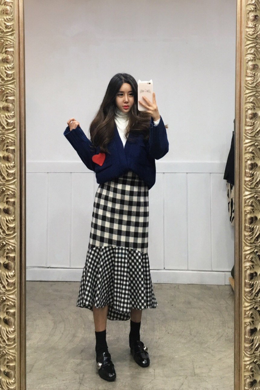 Winter Check Mermaid Long Skirt 2COLOR Thin slim, 