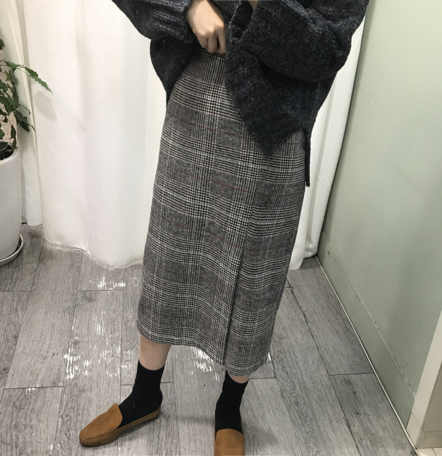 Wool Check Long skirt 2color 20 women top