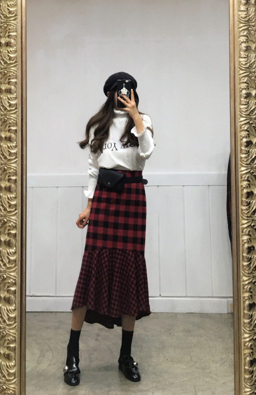 Winter Check Mermaid Long Skirt 2COLOR Thin slim, 