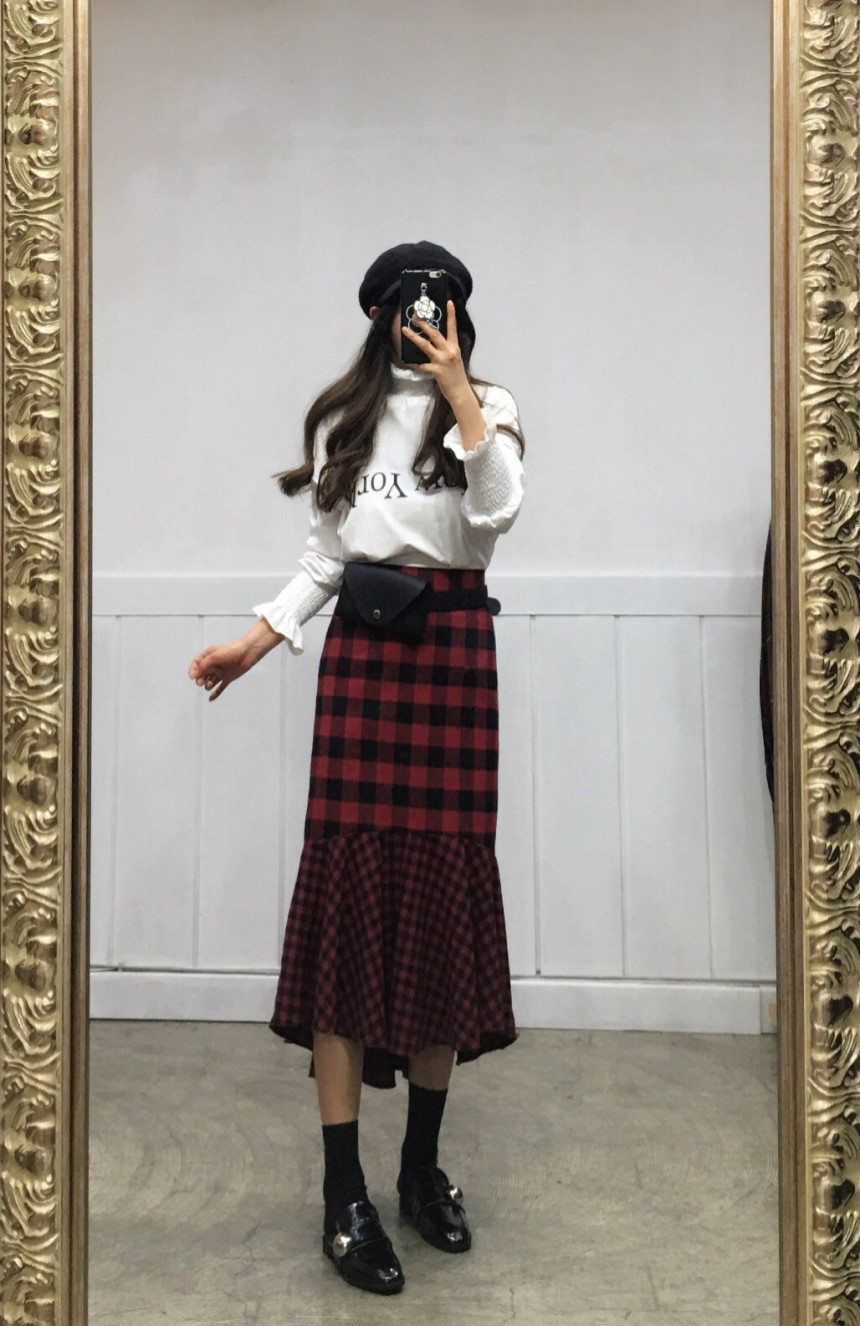 Winter Check Mermaid Long Skirt 2COLOR Thin slim, 