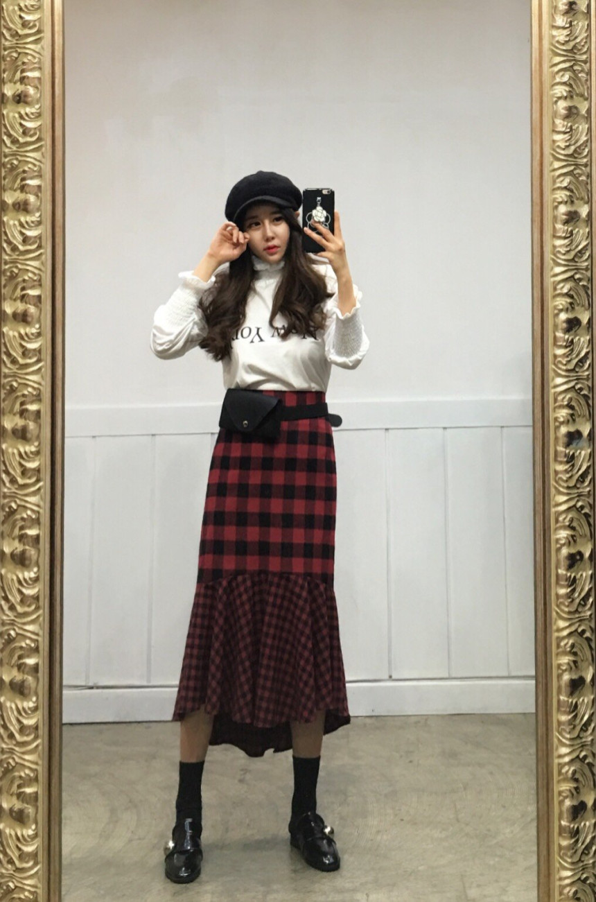 Winter Check Mermaid Long Skirt 2COLOR Thin slim, 