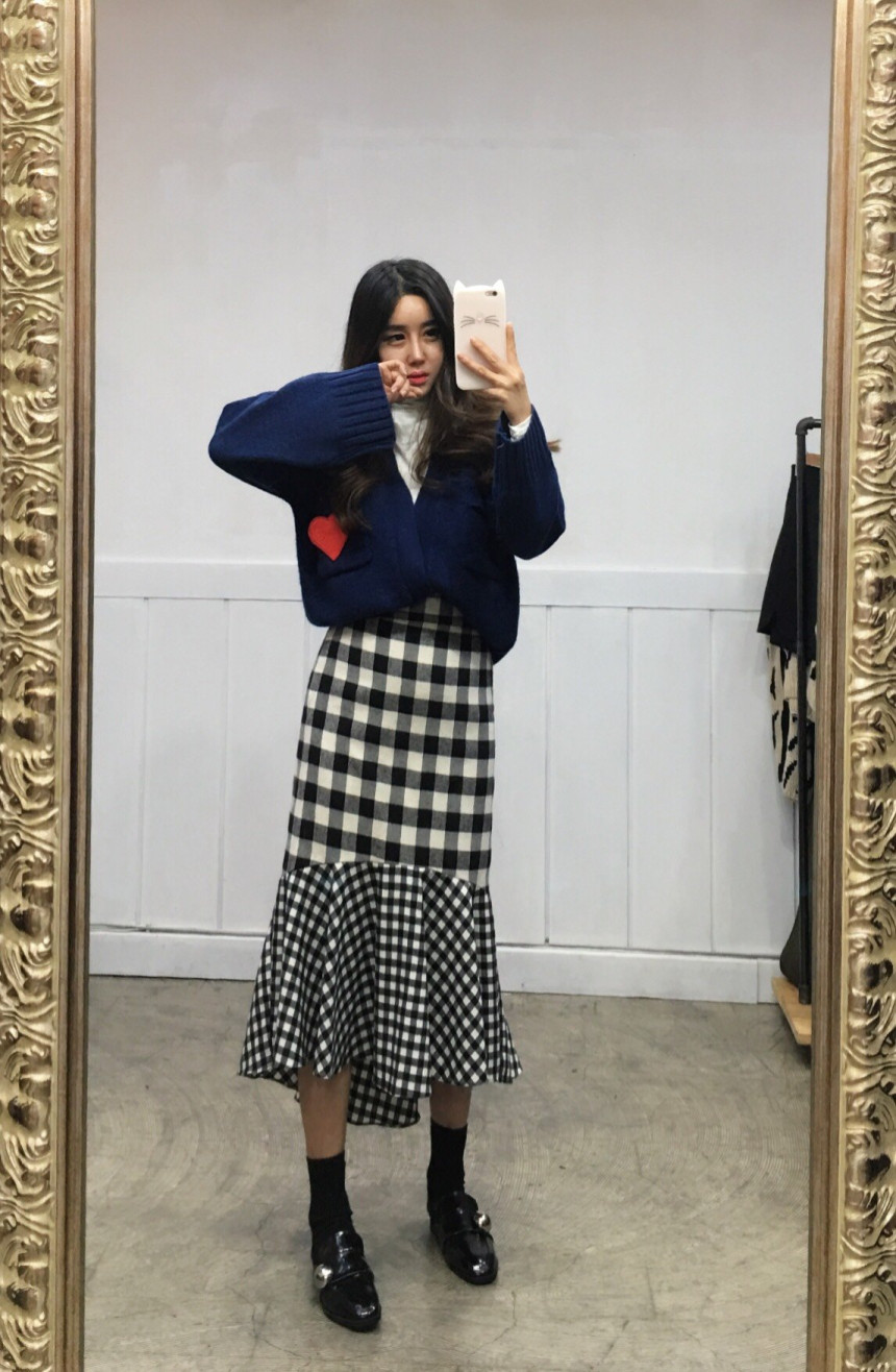 Winter Check Mermaid Long Skirt 2COLOR Thin slim, 