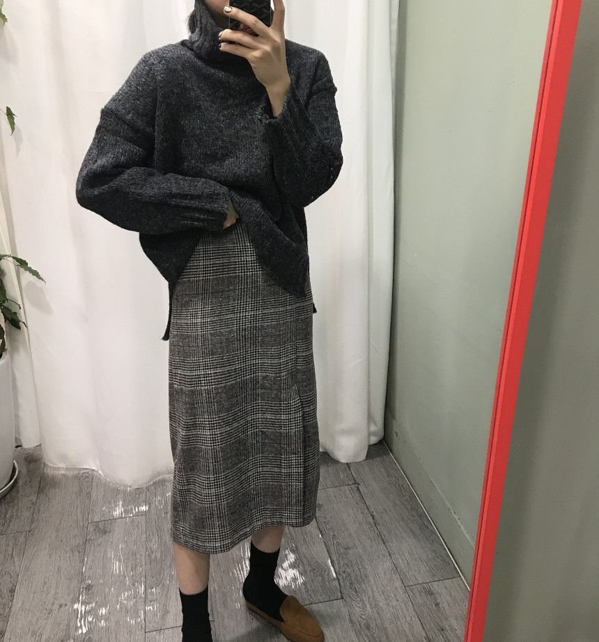 Wool Check Long skirt 2color 20 women top