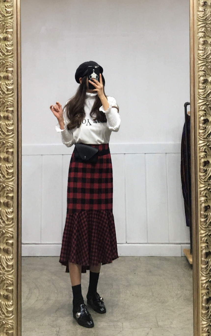 Winter Check Mermaid Long Skirt 2COLOR Thin slim, 