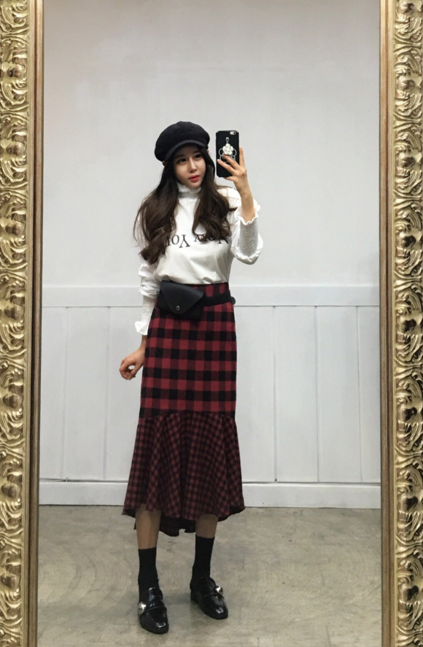 Winter Check Mermaid Long Skirt 2COLOR Thin slim, 