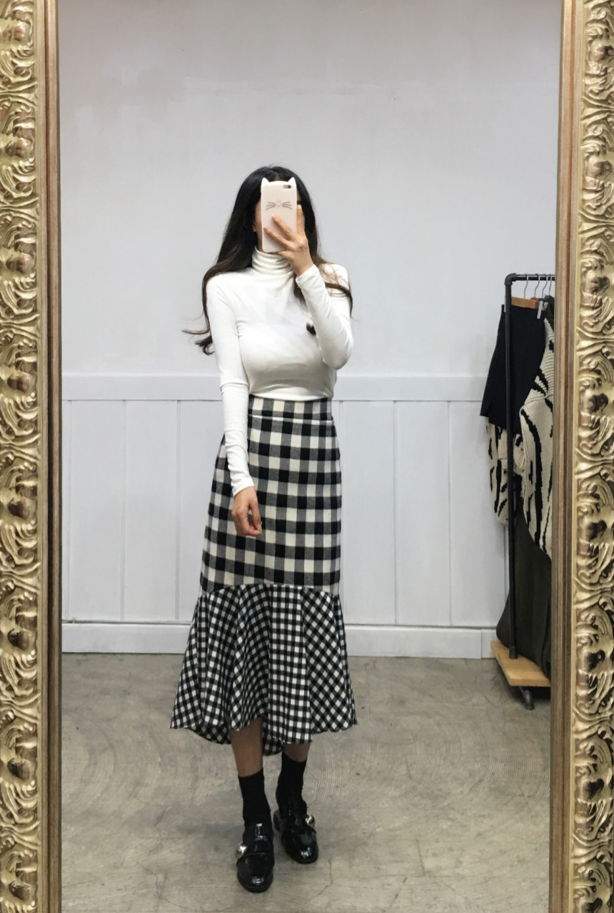 Winter Check Mermaid Long Skirt 2COLOR Thin slim, 