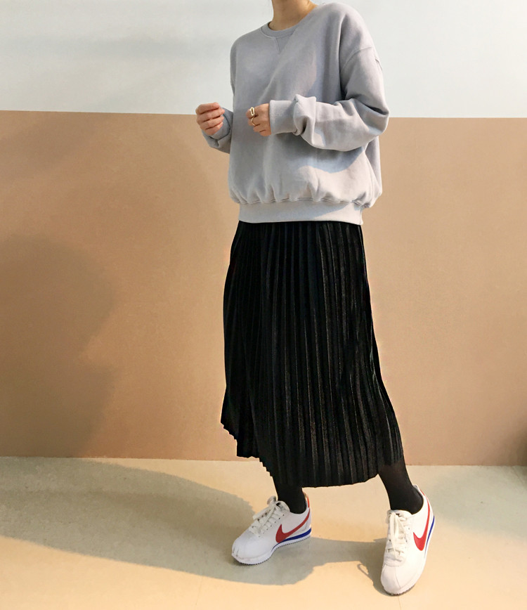 Pleasant Shiny Velvet Pleated Flare Long Skirt 4co