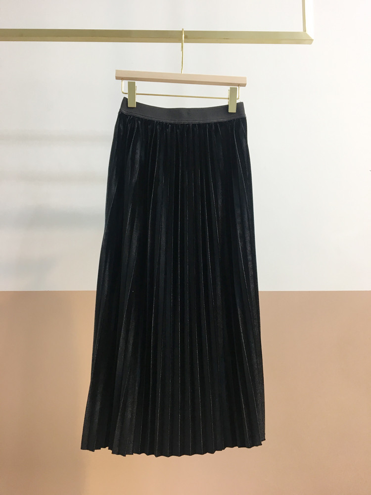 Pleasant Shiny Velvet Pleated Flare Long Skirt 4co