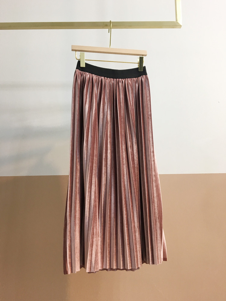 Pleasant Shiny Velvet Pleated Flare Long Skirt 4co