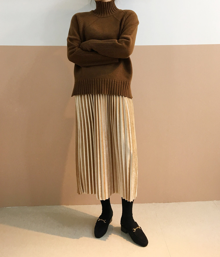 Pleasant Shiny Velvet Pleated Flare Long Skirt 4co