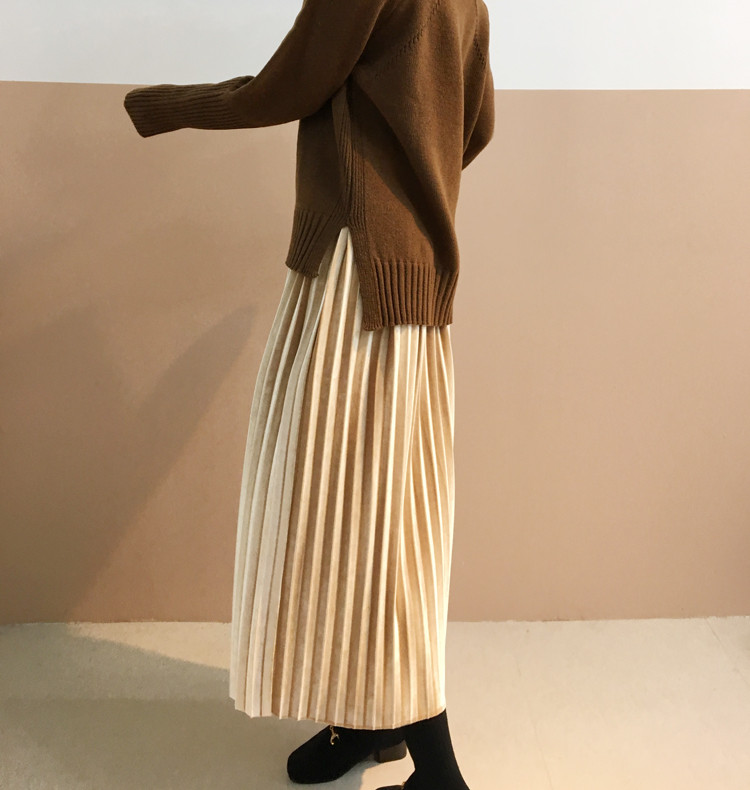 Pleasant Shiny Velvet Pleated Flare Long Skirt 4co