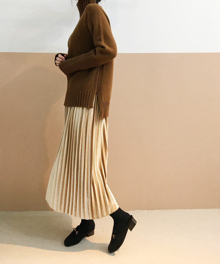 Pleasant Shiny Velvet Pleated Flare Long Skirt 4co