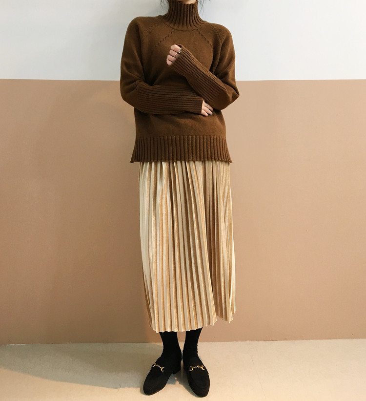 Pleasant Shiny Velvet Pleated Flare Long Skirt 4co