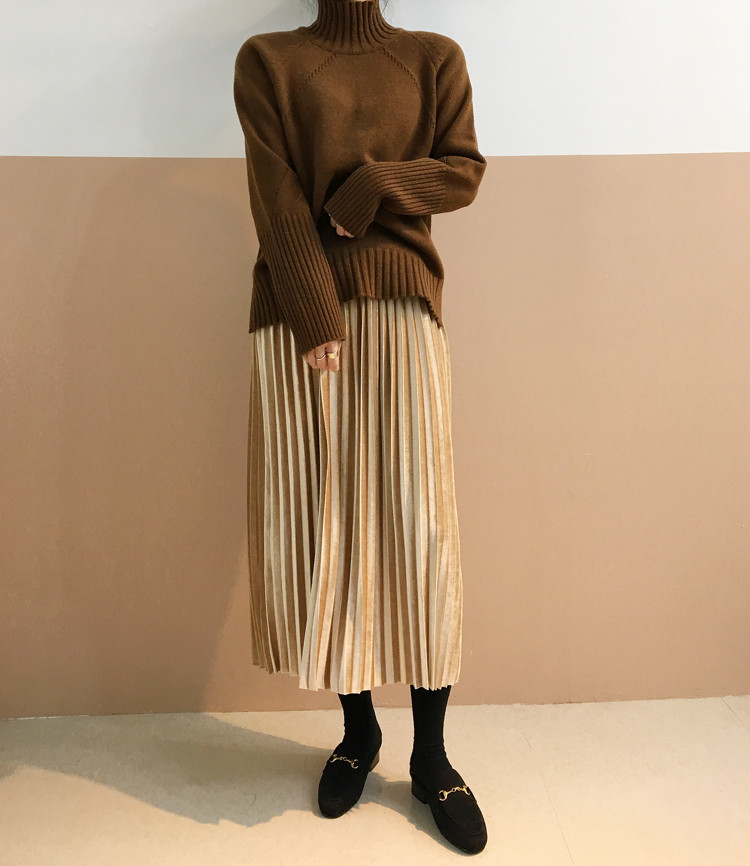 Pleasant Shiny Velvet Pleated Flare Long Skirt 4co