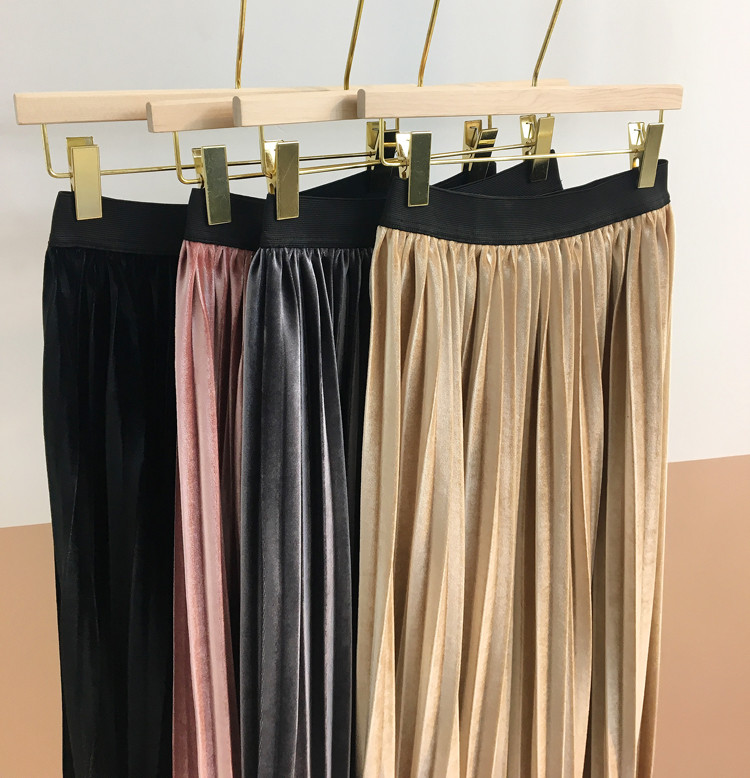 Pleasant Shiny Velvet Pleated Flare Long Skirt 4co