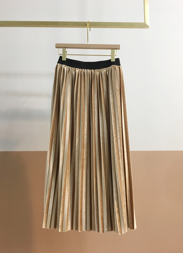 Pleasant Shiny Velvet Pleated Flare Long Skirt 4co