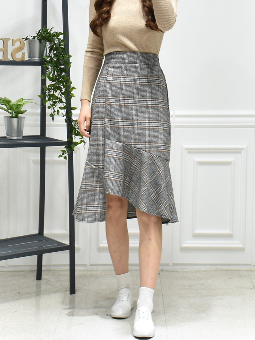 Check Long Uncle Mermaid Skirt 3color Fall Wool