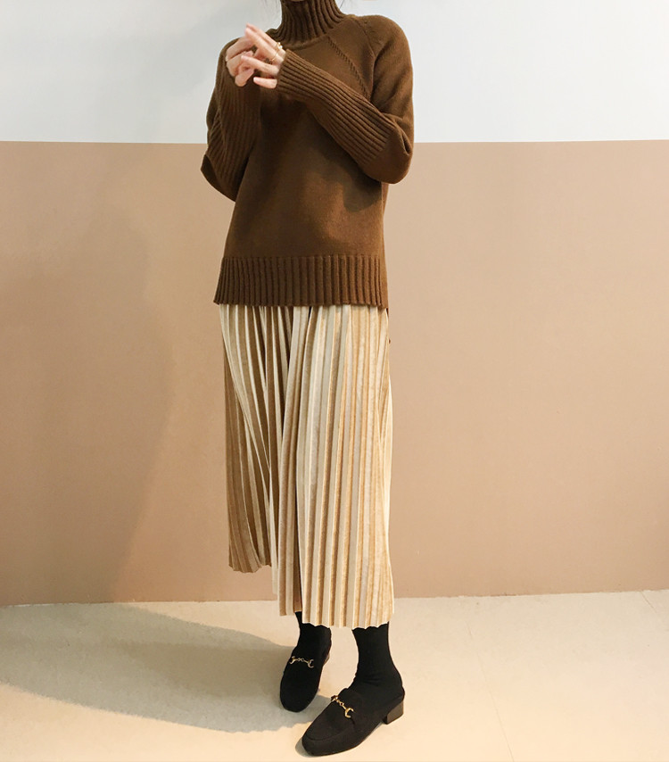 Pleasant Shiny Velvet Pleated Flare Long Skirt 4co