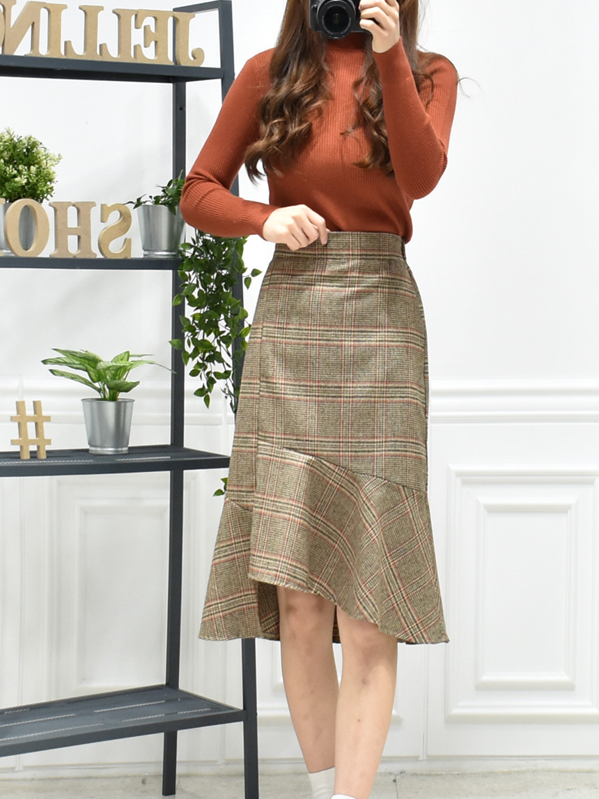 Check Long Uncle Mermaid Skirt 3color Fall Wool