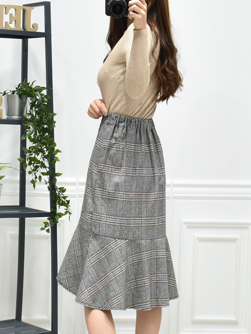 Check Long Uncle Mermaid Skirt 3color Fall Wool